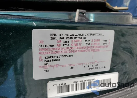 2000 Mercury Cougar V6 из США, поврежденный, VIN 1ZWFT61L9Y5622410